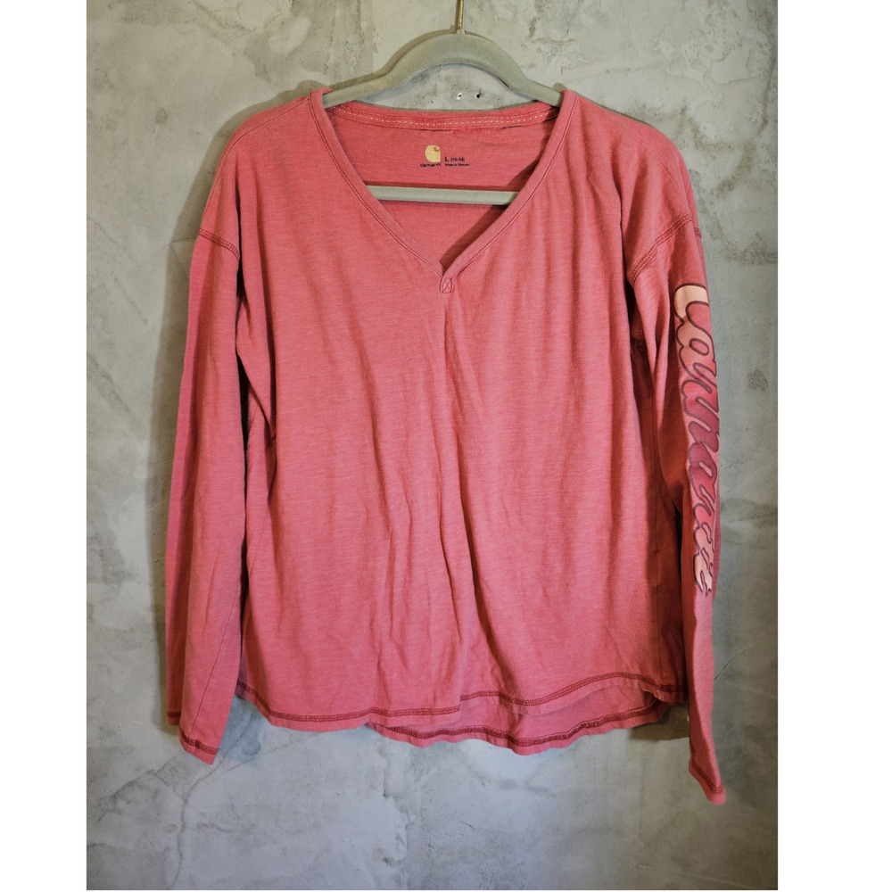 Carhartt Size L (12/14) Pink 100% Cotton Knit V-Neck Long Sleeve Logo T-Shirt
